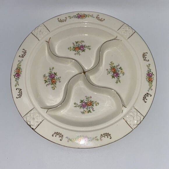 VTG JAPAN HAND PAINTED DIVIDED SERVING DISH PLATTER MULTICOLOR FLORAL No Lid - Picture 1 of 8